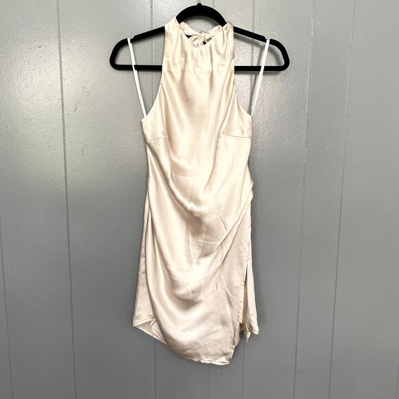 NEW Hello Molly Oyster Cream Heavy Heart Halter Satin Open Back Mini Dress S - Picture 2 of 10